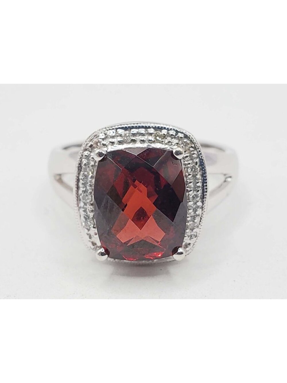 Cherie Fantasy Cushion Garnet & Diamond Halo Ring 18k White Gold Size 6.75